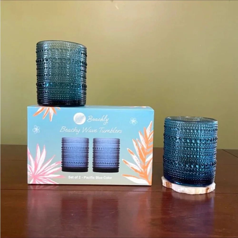 BEACHLY WAVE TUMBLERS SET OF TWO PACIFIC BLUE COLOR NIB NWT